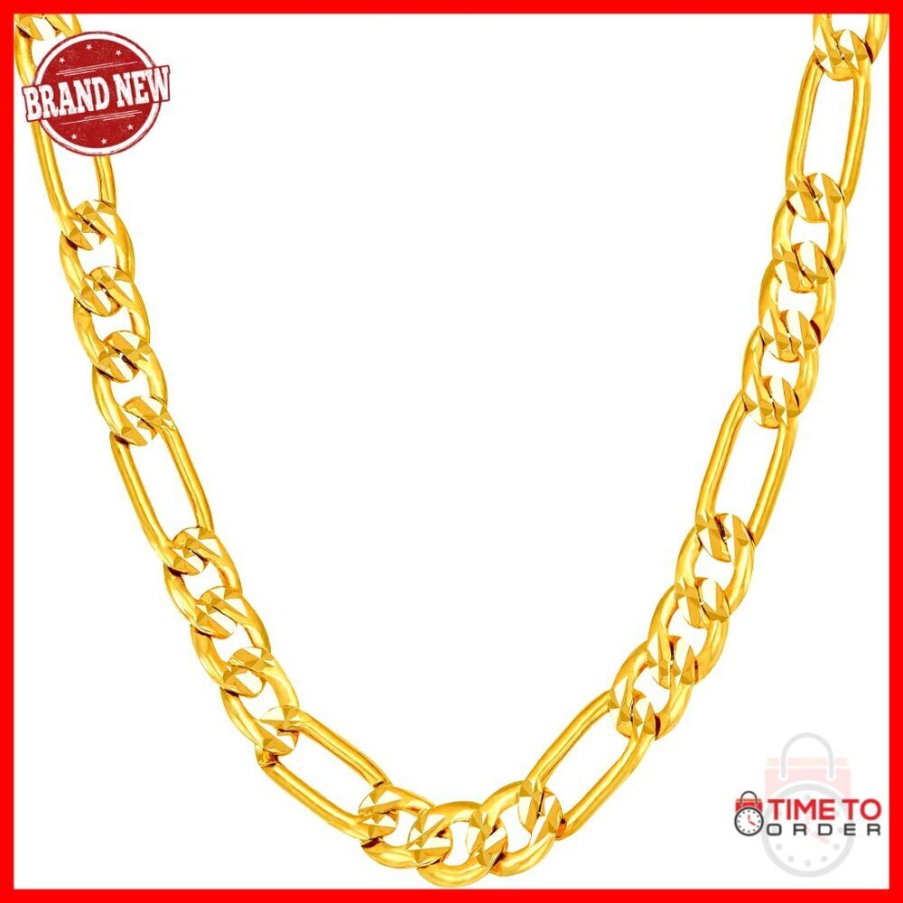 24k Gold Plated Figaro Chain Necklace, 7mm Diamond Cut, Lobster Clasp